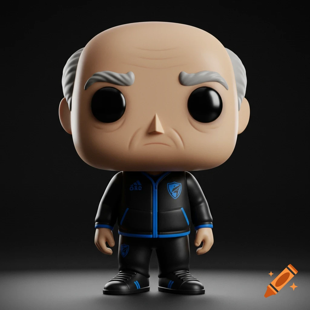 Funko Pop style figurine of a serious-looking bald old man with gray hair on the sides, wearing a black and blue tracksuit.