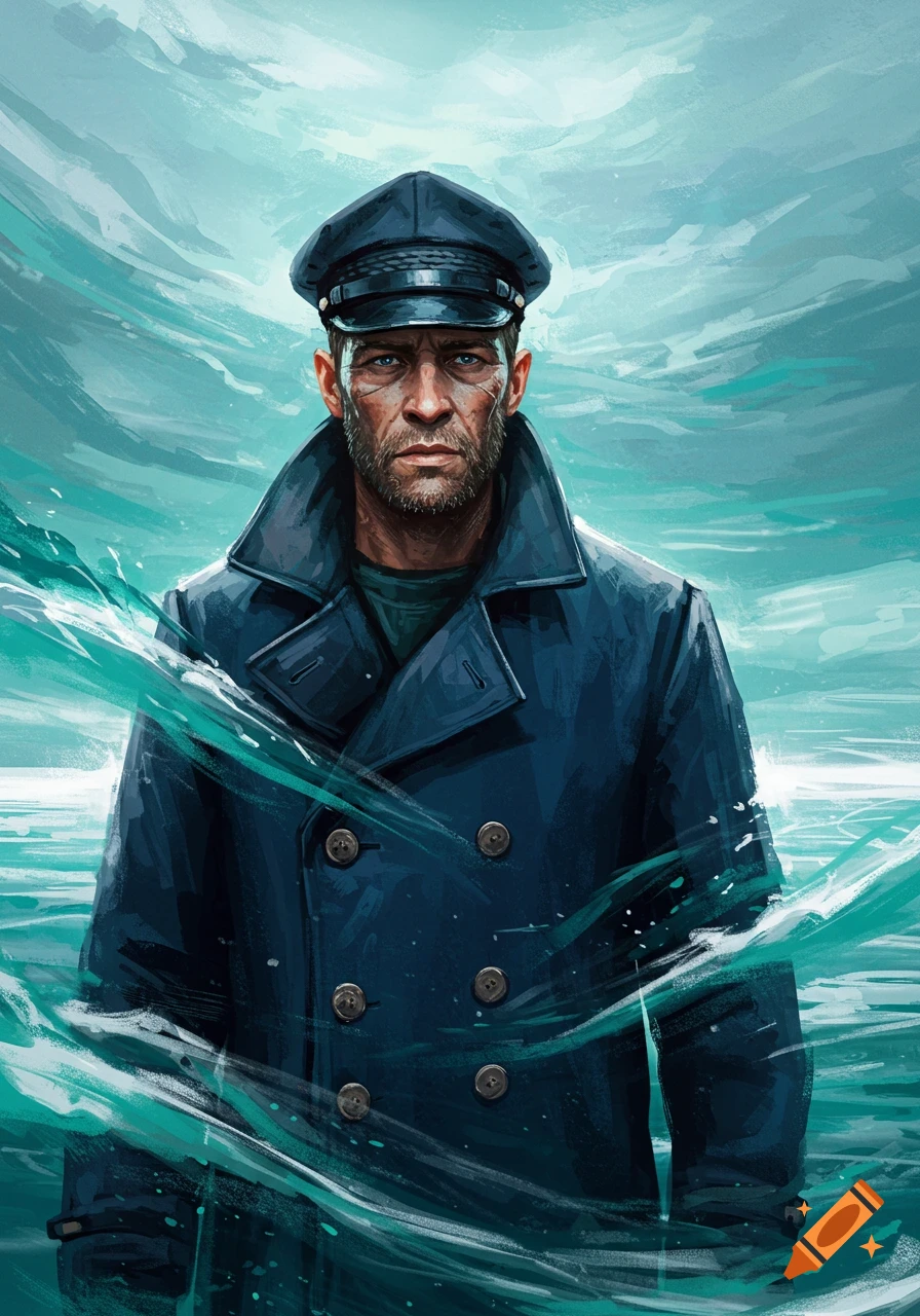 A grizzled captain in a dark uniform stands against a stormy, teal-colored sea in a painterly illustration.