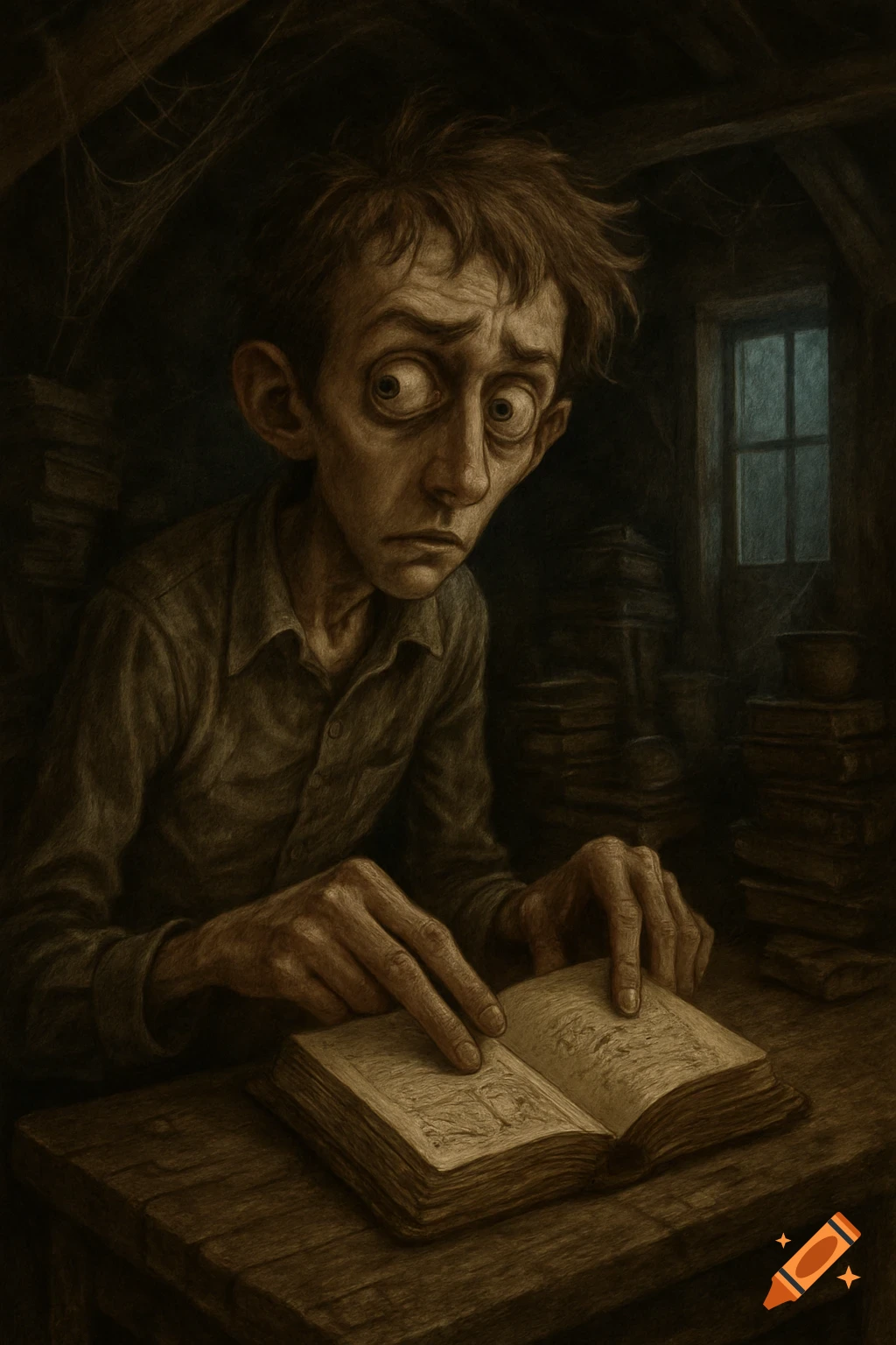 Stylized dark illustration of a scrawny, wide-eyed boy in a dim attic, peering nervously into an open book.