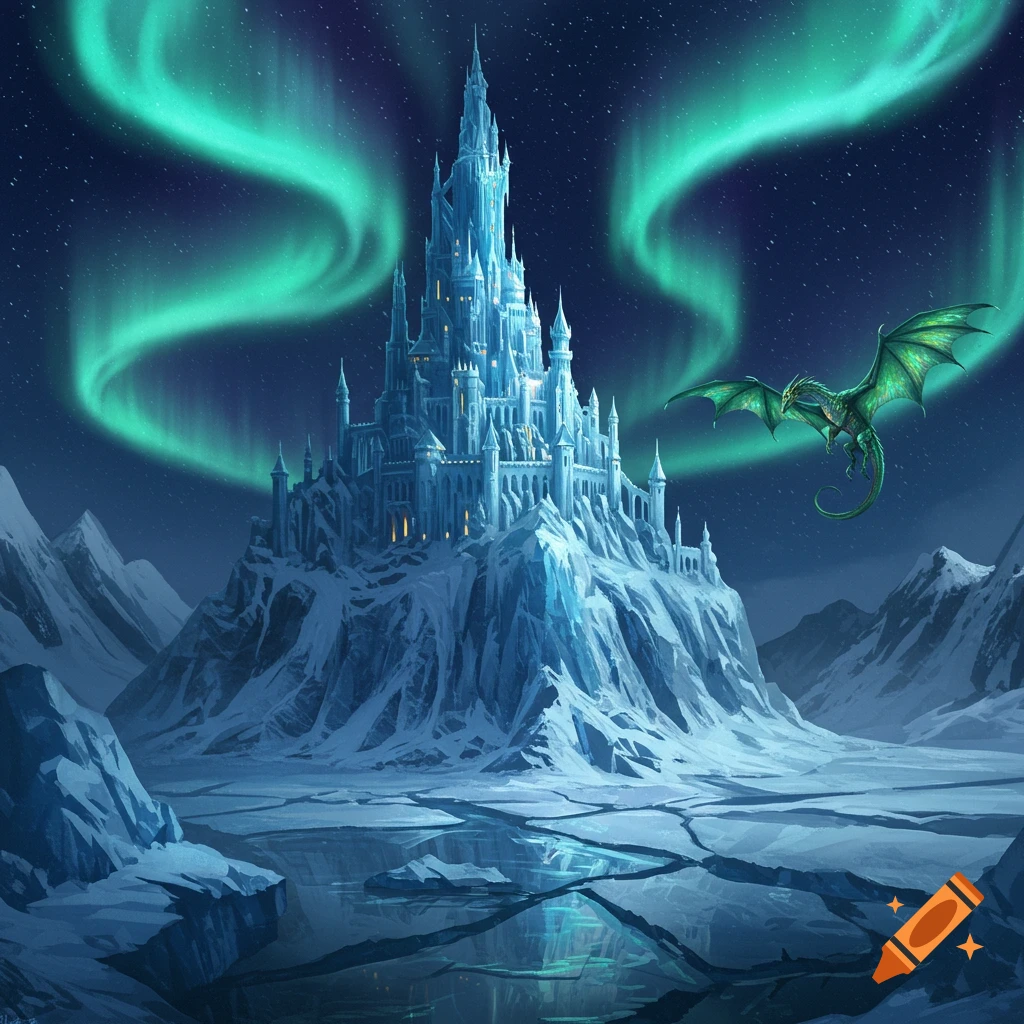 A majestic ice castle on a snowy mountain under a night sky with green aurora borealis and a flying green dragon.