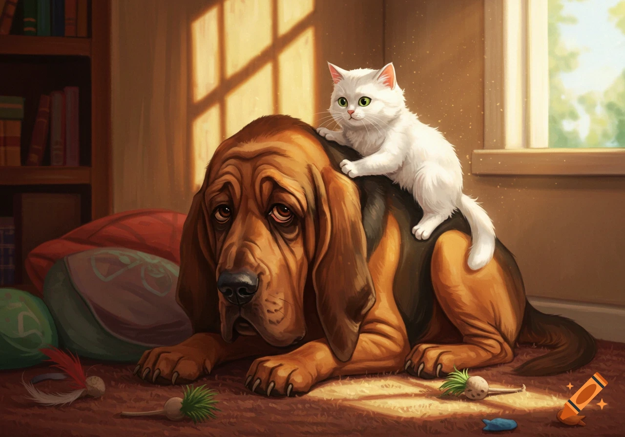A grumpy brown bloodhound lies on a rug with a white cat on its back, in a sunlit room with bookshelves.