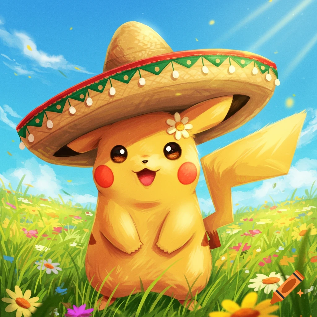 Pikachu in a sombrero with a flower, standing in a sunny field of colorful flowers, digital illustration.