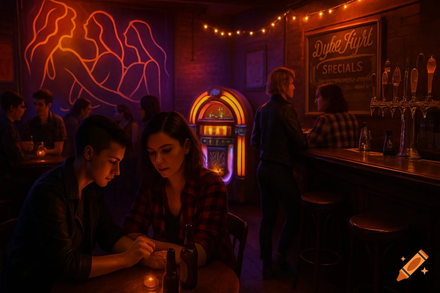 A dimly lit lesbian bar with women socializing, a jukebox, and a neon mural. Two women hold hands in the foreground.