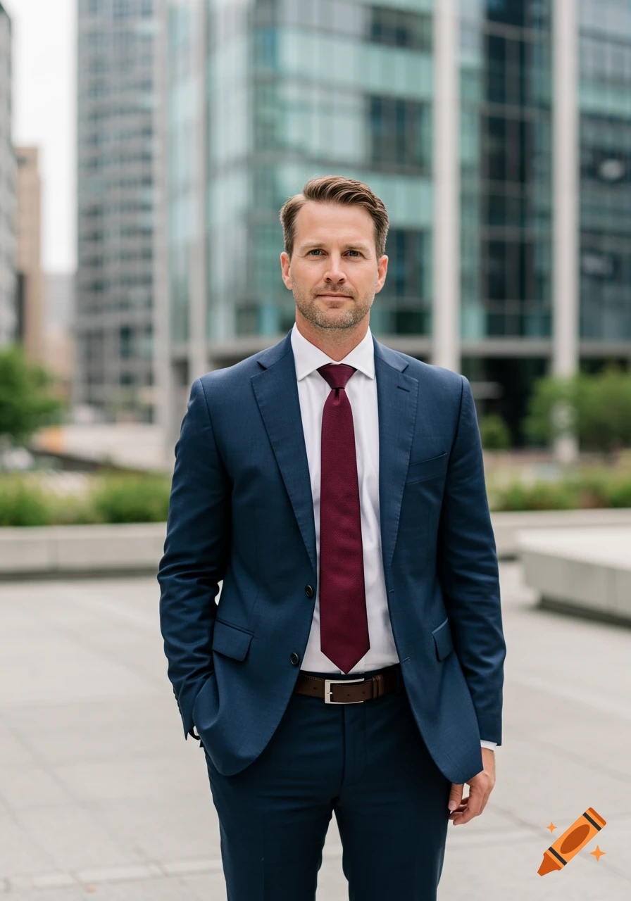 A confident Caucasian man in a blue suit and red tie stands in a city square with modern glass buildings in the background.