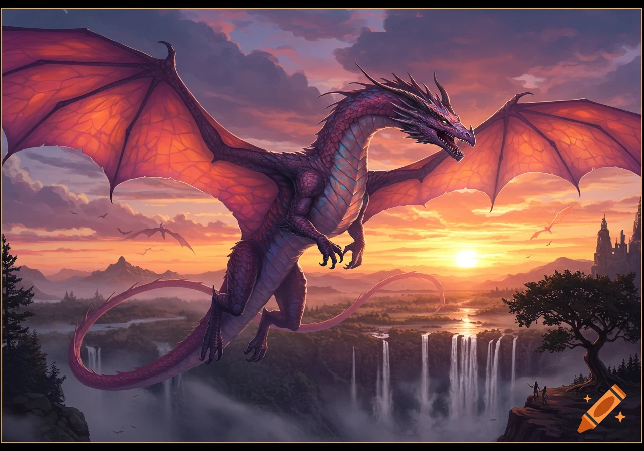 A majestic purple dragon flies above a stunning fantasy landscape with waterfalls and mountains at sunset, in an epic painterly style.