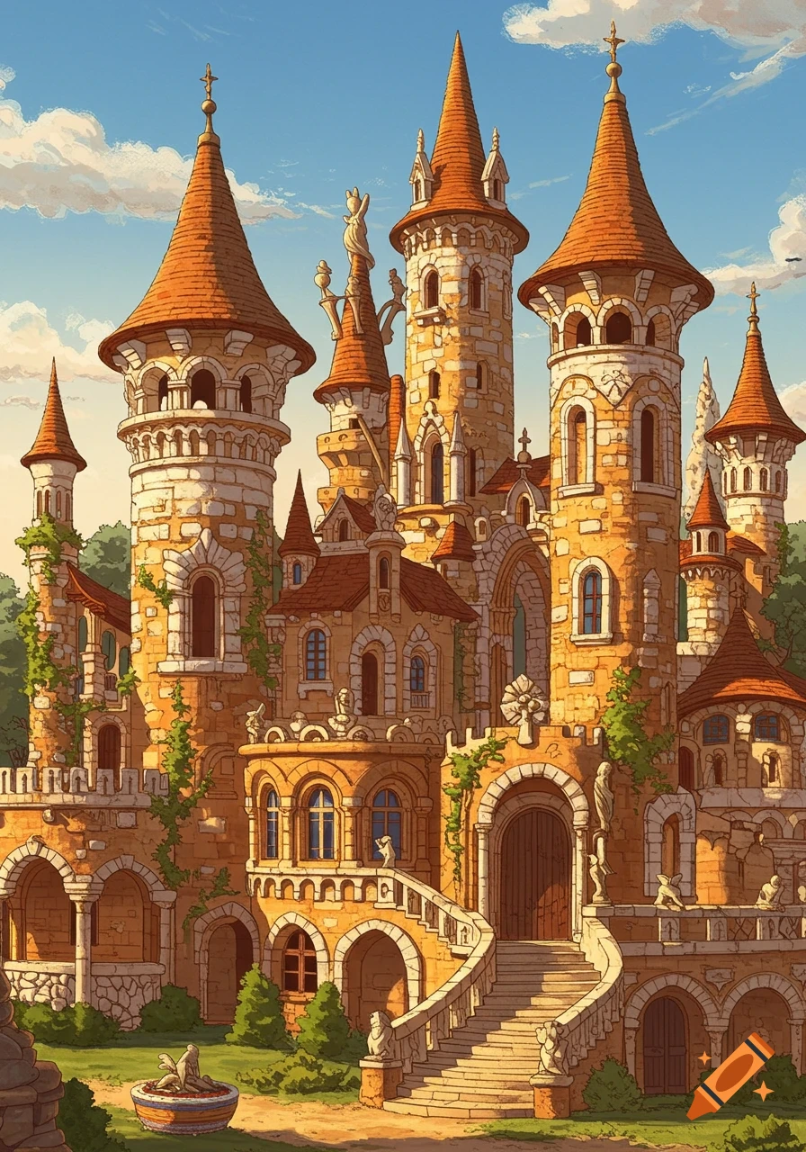 A detailed, whimsical cartoon castle with numerous spires, red roofs, stone walls, and green vines under a sunny sky.