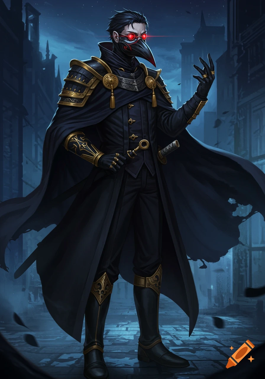 Anime man in black plague doctor mask, red glowing glasses, dark cape, gold armor, and a katana in a dark city street.