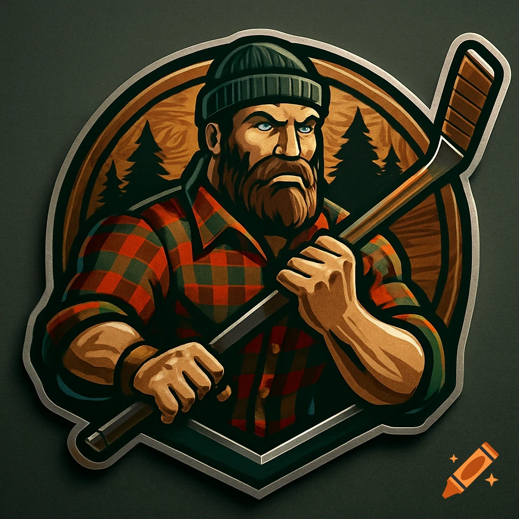 Stylized logo of a bearded lumberjack man in a plaid shirt and beanie, holding a hockey stick.