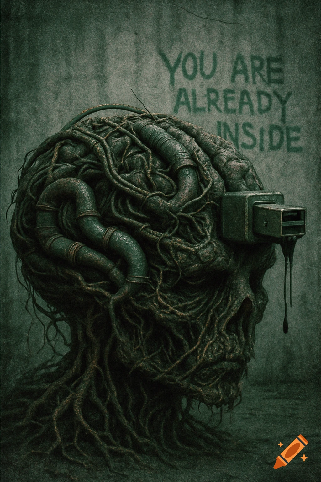 Dark, grungy cyberpunk head of wires and roots with a USB port. Graffiti: 'YOU ARE ALREADY INSIDE'.