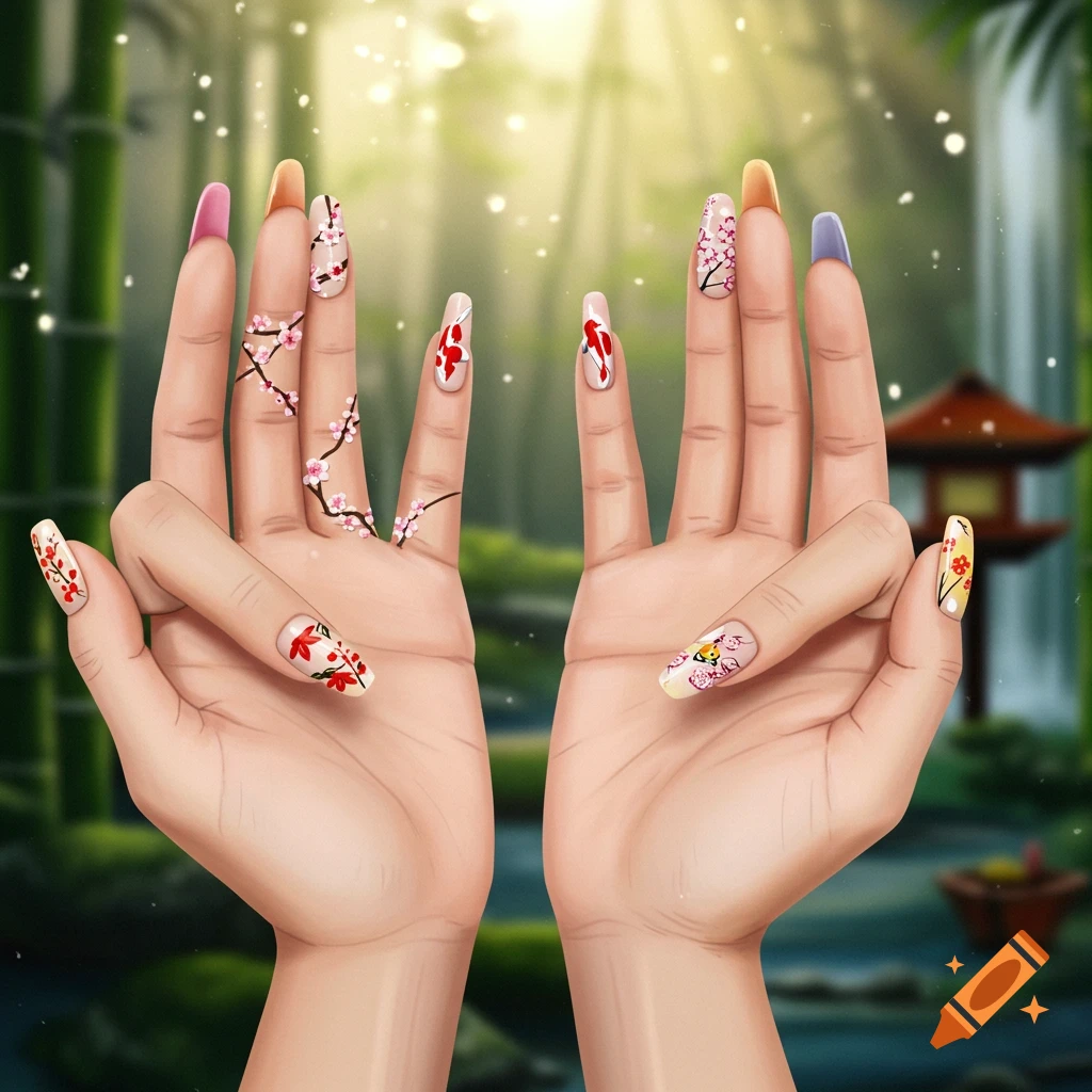Two hands with long nails decorated with Japanese cherry blossom and koi fish designs, set against a blurred Japanese garden.