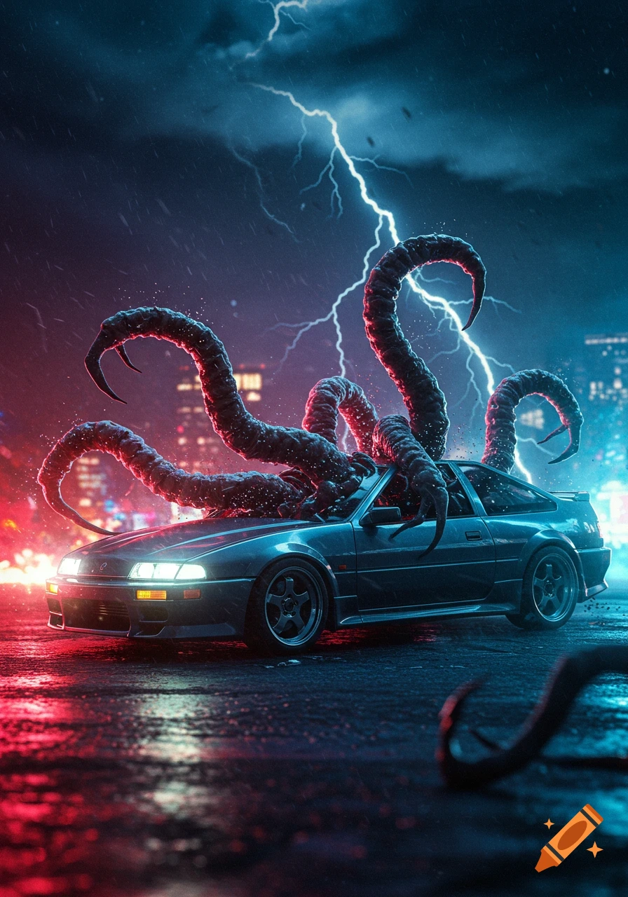 A car on a wet city street is attacked by giant tentacles under a lightning storm at night.