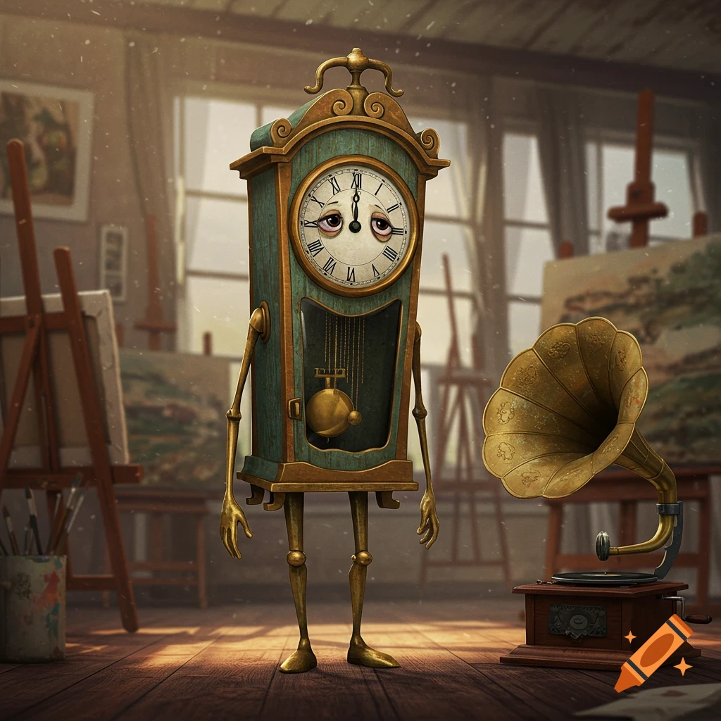 A sad, anthropomorphic grandfather clock with limbs stands in an art studio next to a vintage gramophone.