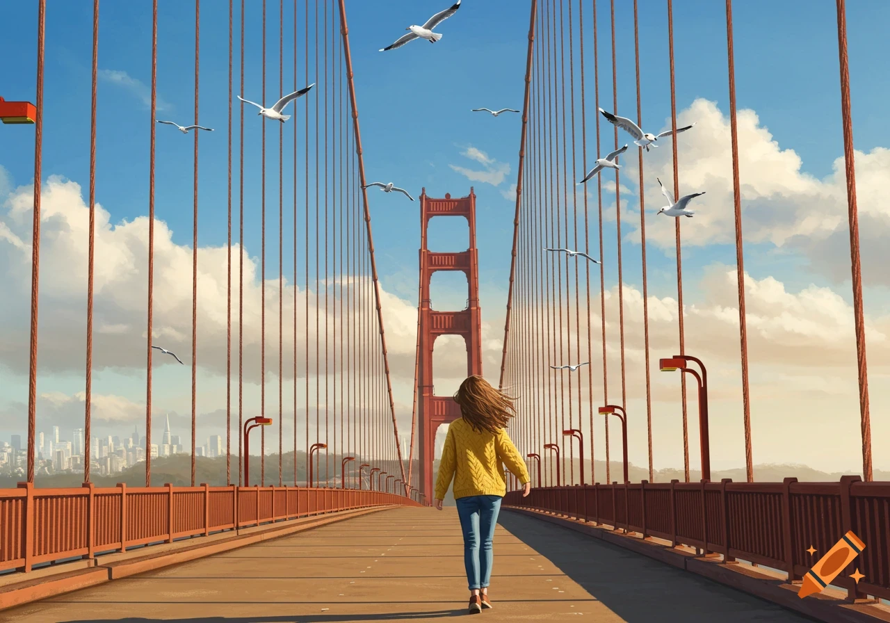 A girl in a yellow sweater walks on the Golden Gate Bridge under a blue sky with seagulls, city skyline in the distance.