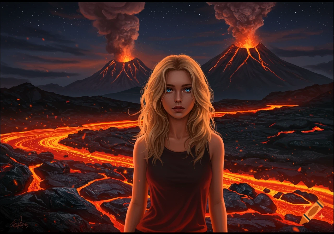 A blonde woman with blue eyes stands in a volcanic landscape with erupting volcanoes and flowing lava at night, digital art.