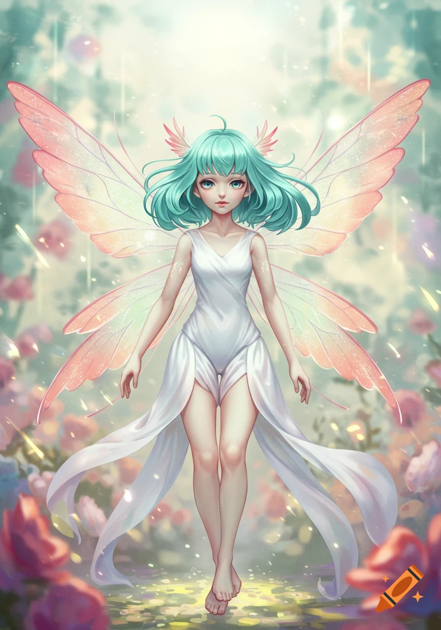 An anime fairy with mint hair and translucent wings stands gracefully against a soft, dreamlike floral background.