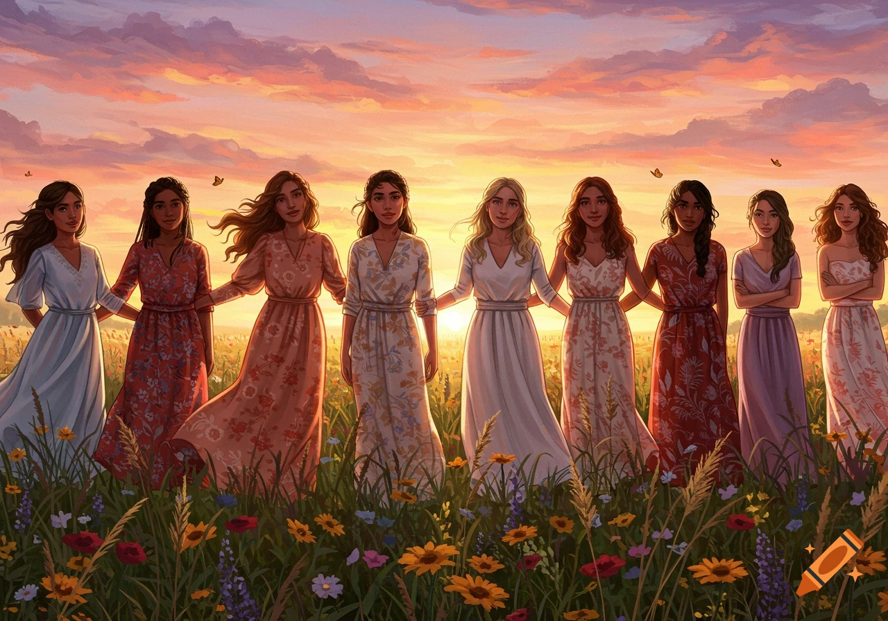 Nine women in flowing dresses standing hand-in-hand in a field of wildflowers at sunset, illustration.