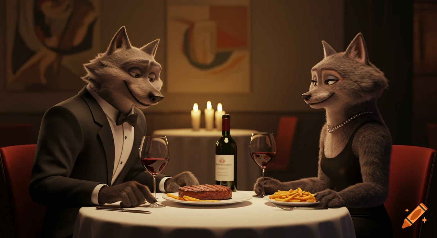 Cartoon wolves in formal attire enjoy a candlelit dinner with steak, fries, and wine.