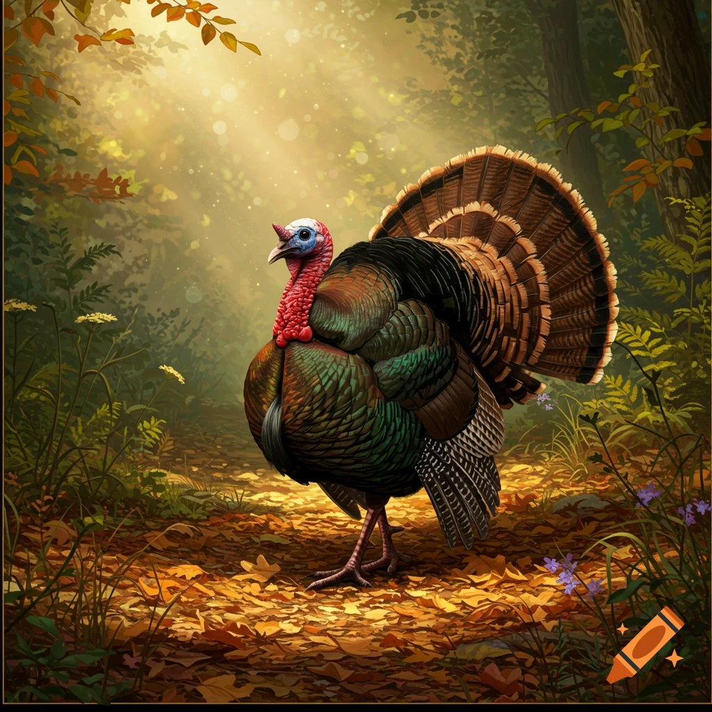 A vibrant turkey stands on a sunlit forest floor covered in autumn leaves.