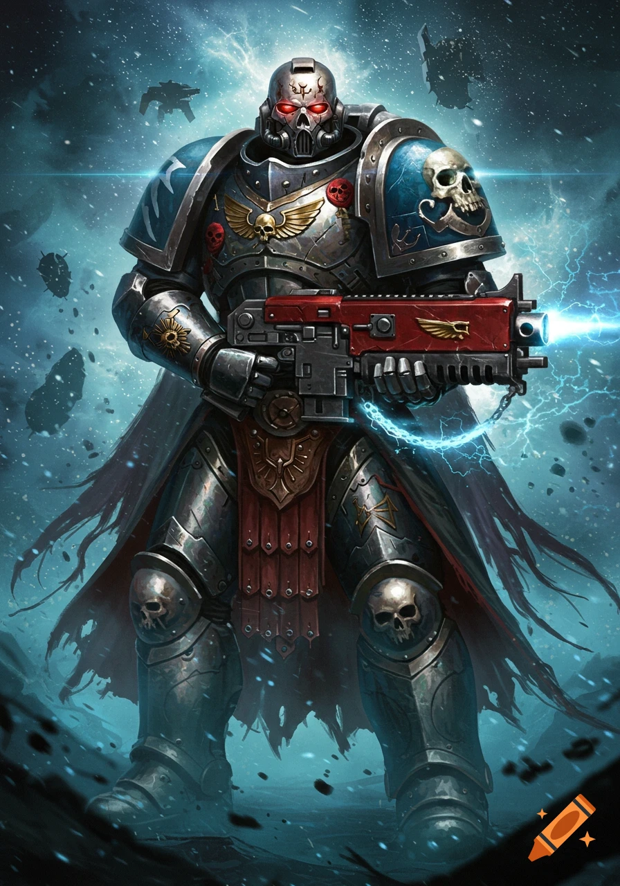 Heavily armored futuristic warrior with a skull helmet and glowing red eyes holds an energy weapon. Dark, stormy sci-fi setting.