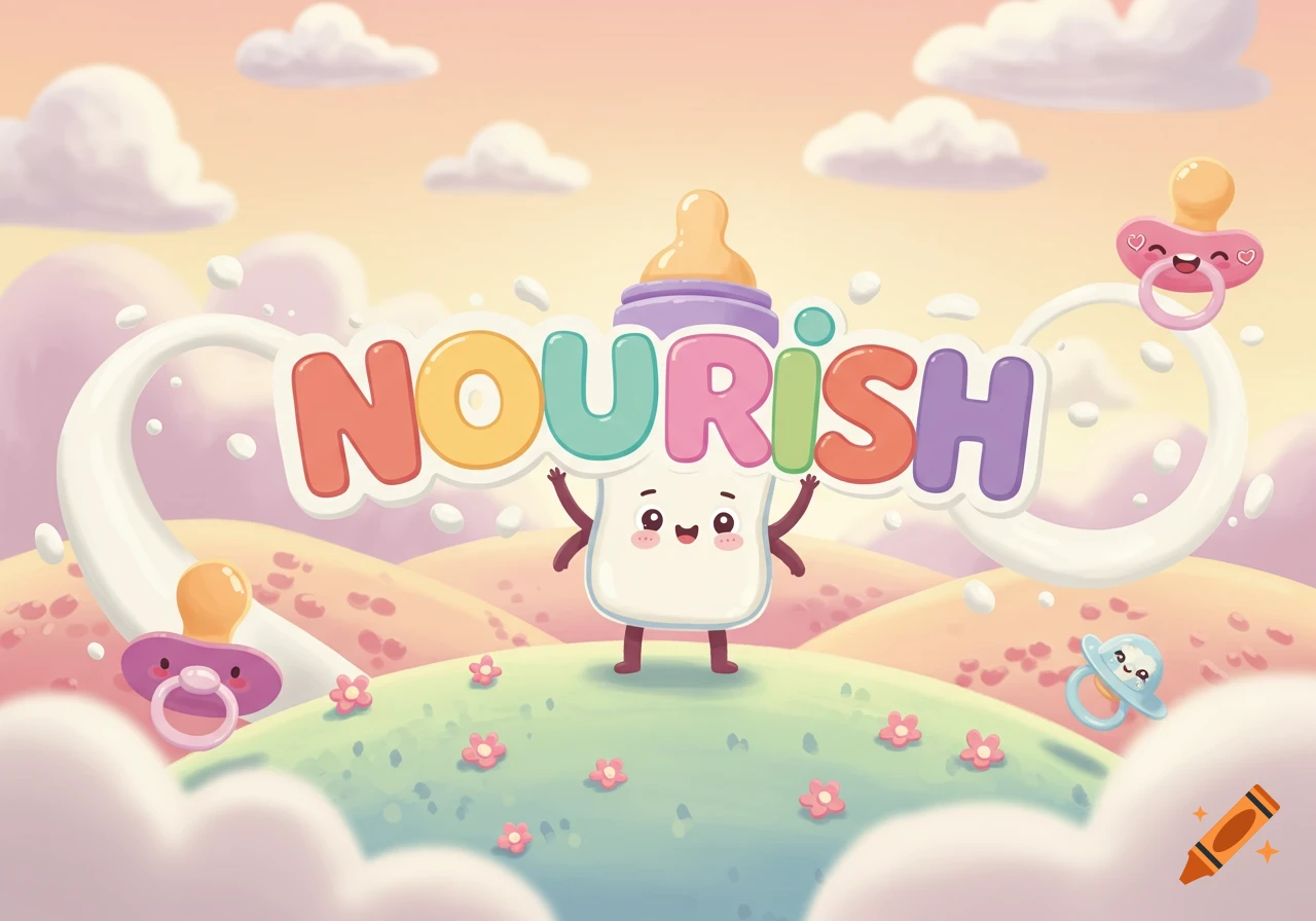 Cartoon landscape with a happy baby bottle character holding "NOURISH" text, surrounded by colorful pacifiers.