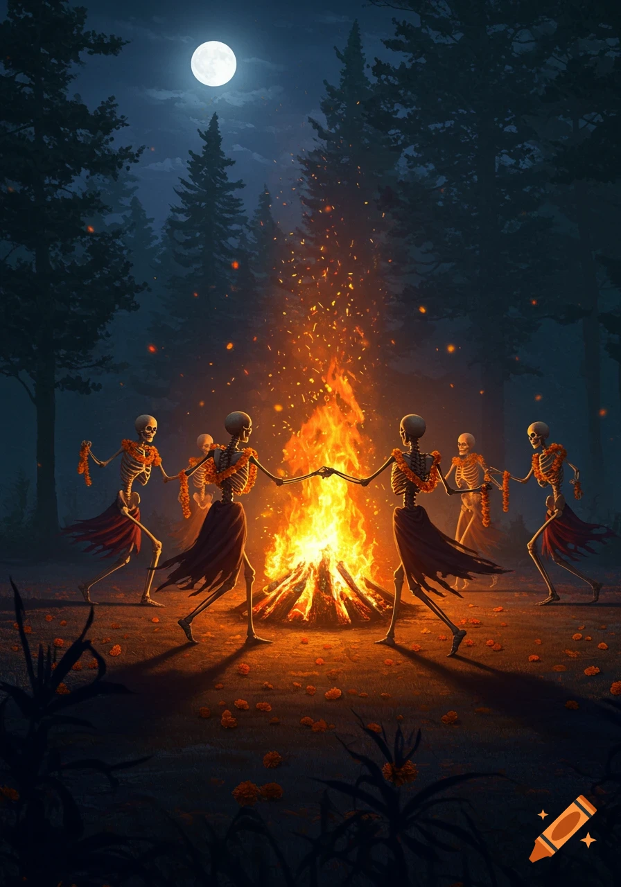 Six skeletons wearing marigold garlands dance around a blazing bonfire in a dark forest at night, under a full moon.