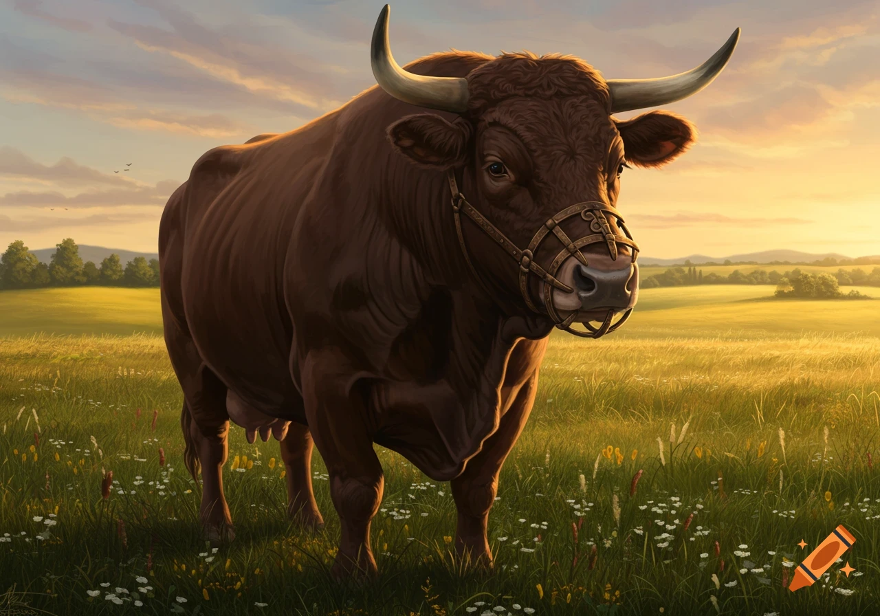 A large brown ox with a muzzle stands in a sunny green field at sunset.