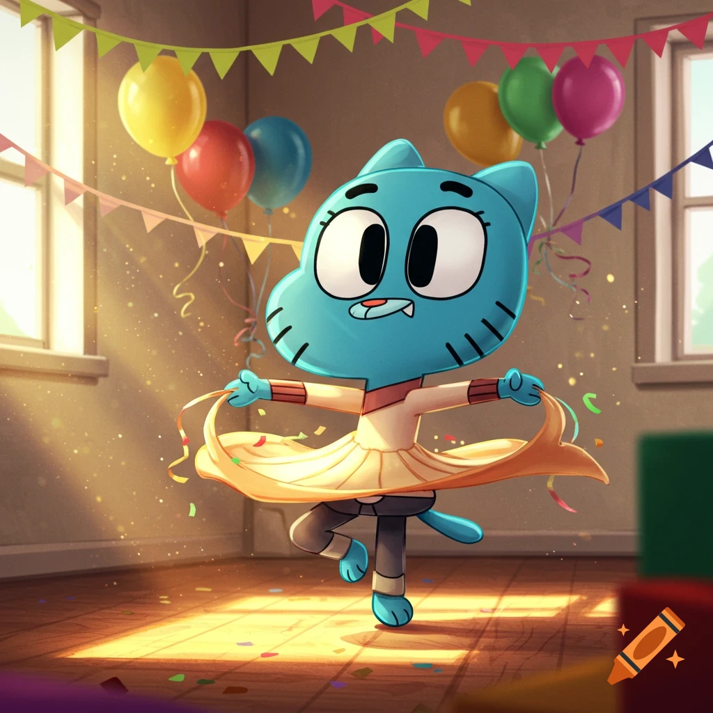 Gumball Watterson, a blue cat, dances happily in a sunlit room decorated with balloons and streamers in a cartoon style.