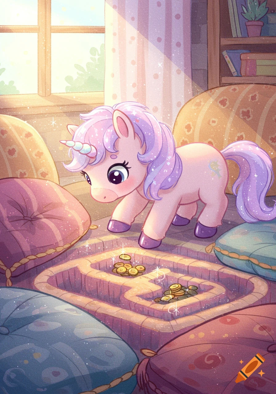 A cute pink unicorn with lavender mane looks at scattered gold coins on a patterned rug surrounded by pillows in a sunlit room, illustration.