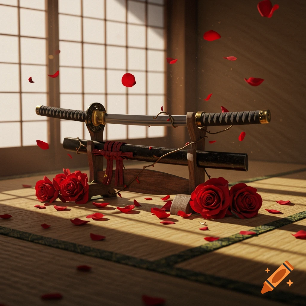 A samurai sword rests on a wooden stand in a Japanese-style room, surrounded by red roses and petals.