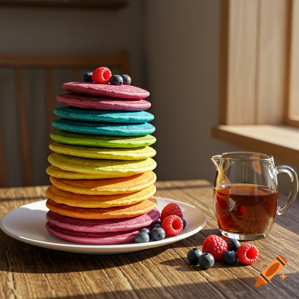 A tall stack of colorful rainbow pancakes topped with raspberries and blueberries, next to a pitcher of syrup on a wooden table.