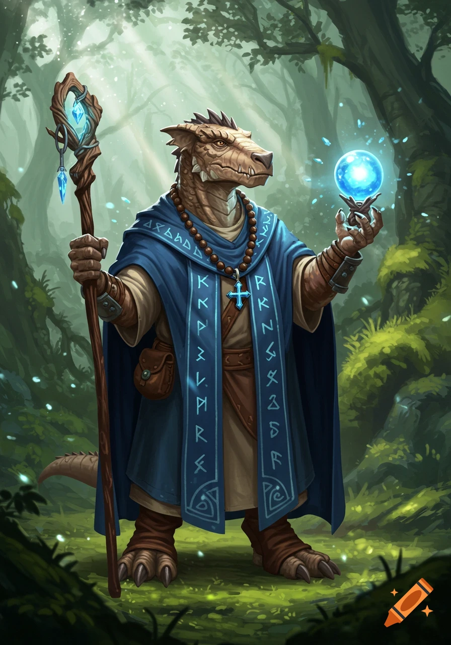 A detailed digital painting of a dragon-like cleric in a blue runic cloak holding a glowing blue orb and a staff in a forest.