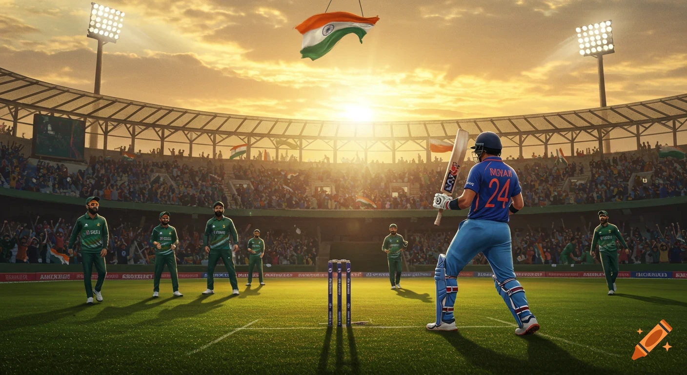 Photorealistic image of an Indian cricketer batting against Pakistan in a packed stadium during sunset, with flags waving.