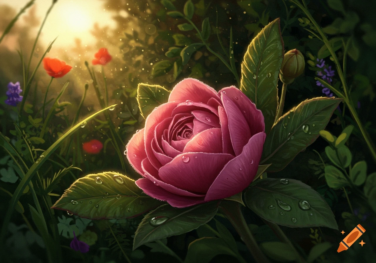 Close-up of a vibrant pink rose with dew drops, backlit by soft sunlight, amidst lush green foliage and red flowers.