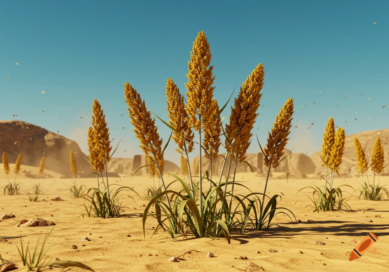 Golden grain plants with green leaves grow in a vast sandy desert under a clear blue sky, with rocky hills in the distance.