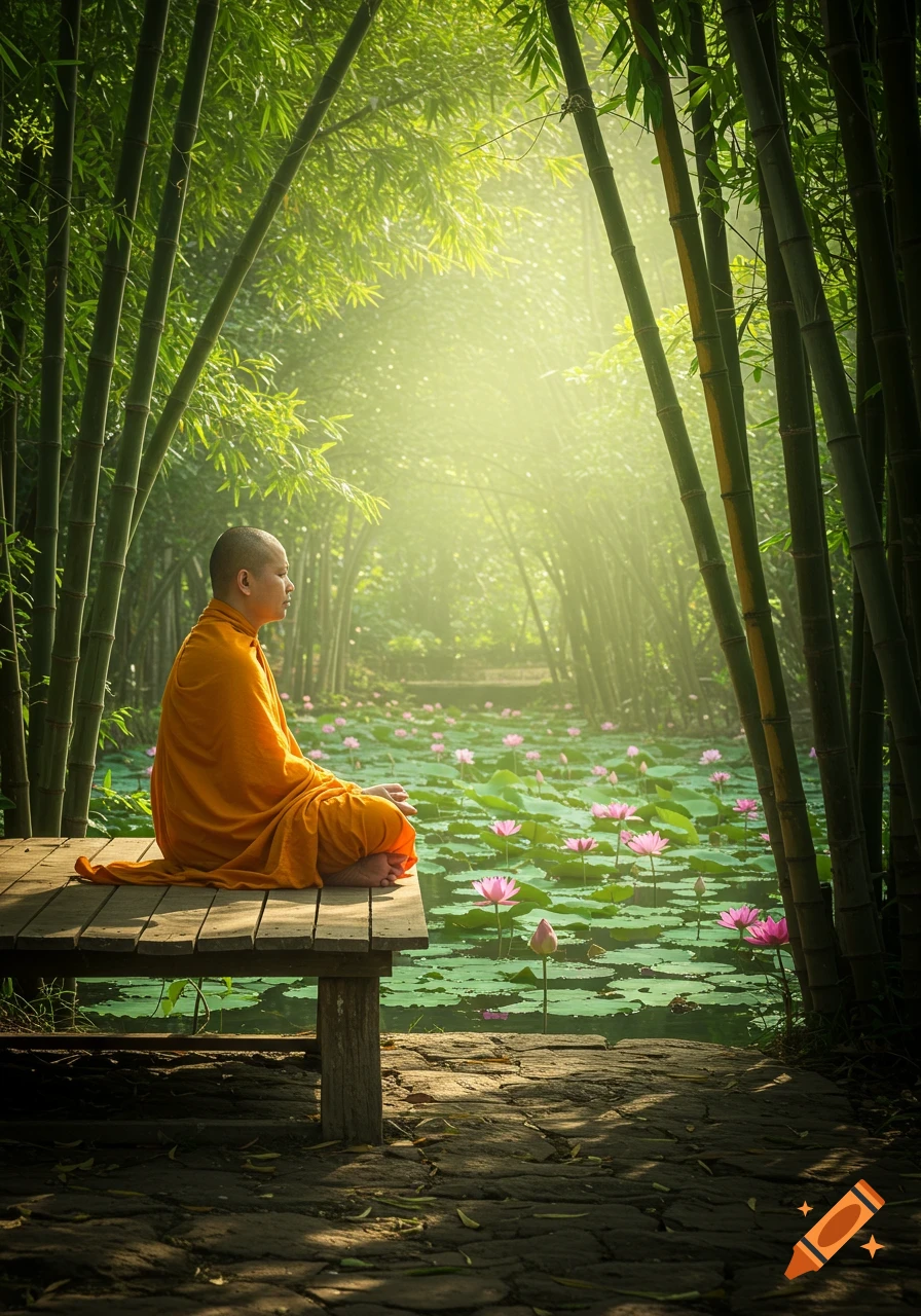 A monk in orange robes meditates on a wooden dock by a lotus pond, surrounded by a lush bamboo forest with sun rays.