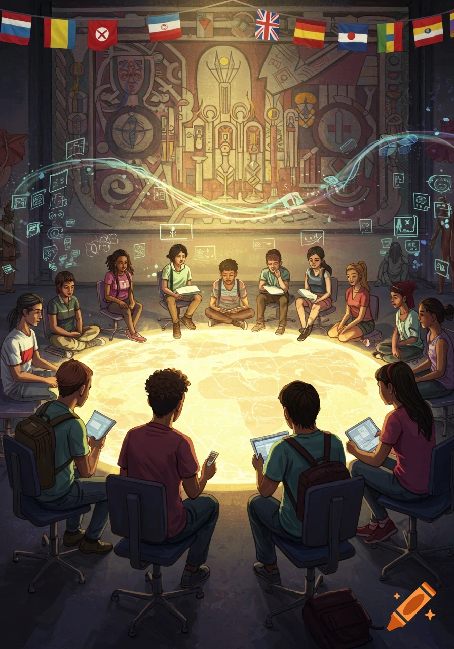 Students sit in a circle on rolling chairs, looking at glowing screens or books, with a bright map of the world on the floor. Flags of various countries hang above a large mural on the back wall, and glowing digital symbols float in the air.