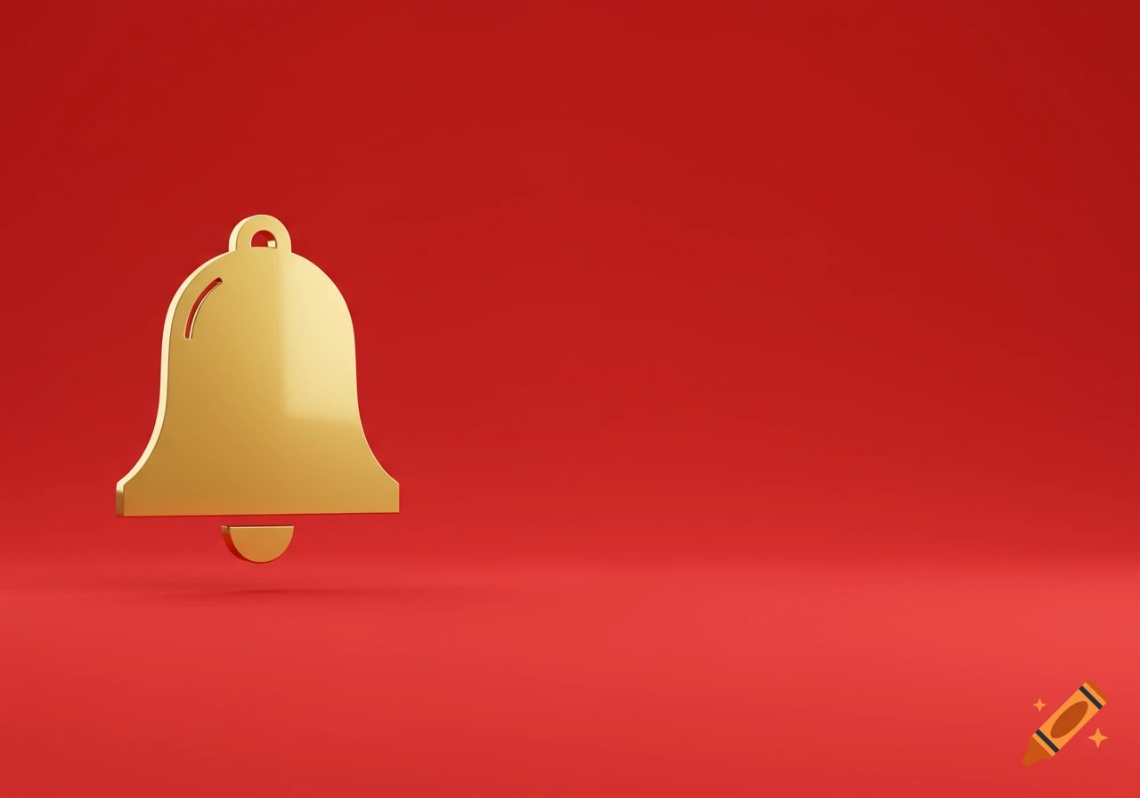 A 3D golden bell icon floating against a solid red background.