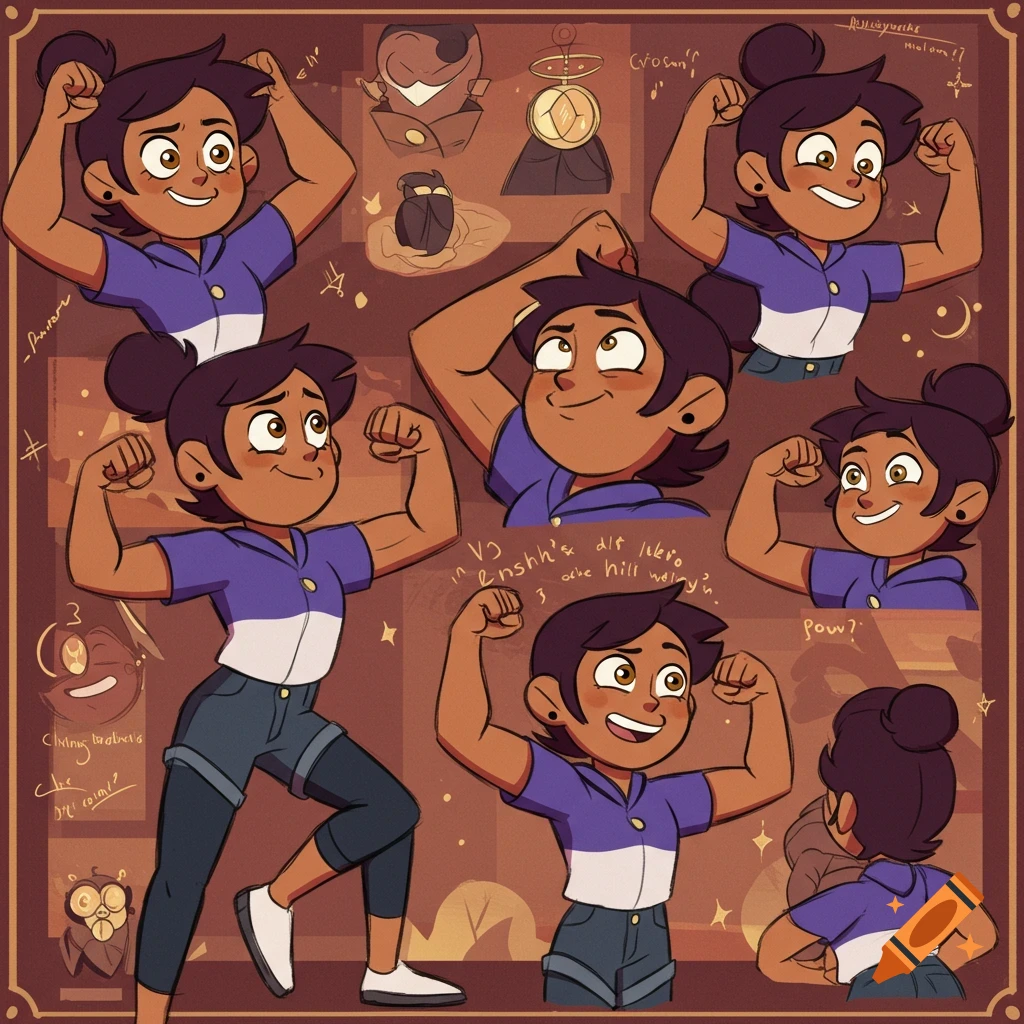 A cartoon model sheet featuring Luz from The Owl House in various poses, flexing her muscles, on a warm brown background.