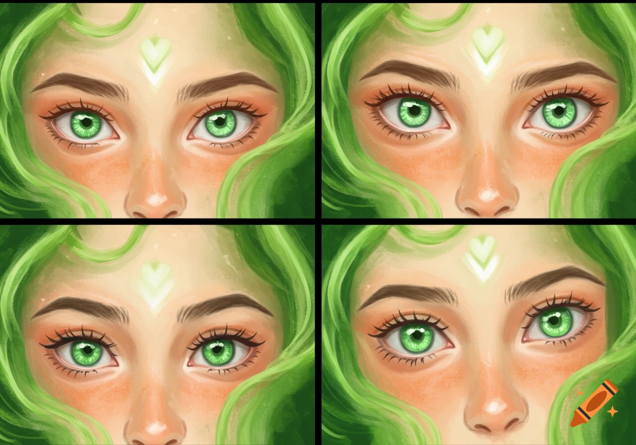 Four panels showing a woman's green eyes and forehead with a glowing heart, surrounded by vibrant green wavy hair in an illustrative style.
