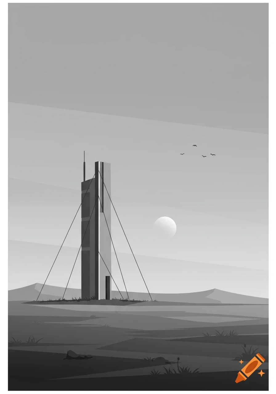 Minimalist grayscale illustration of a tall, modern geometric structure in a barren landscape with a moon and birds.
