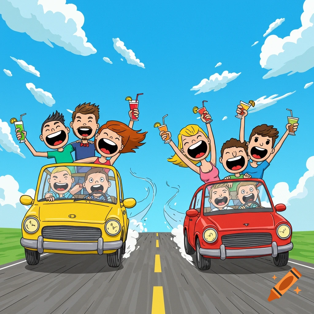 Two colorful cartoon cars with cheerful people holding drinks, driving fast on a road under a blue sky.