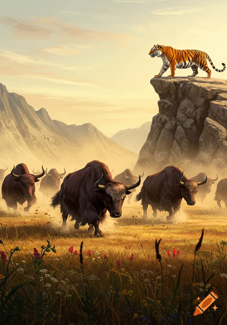 A tiger on a rocky cliff watches a herd of yaks stampeding across a golden plain with mountains under a warm sky.