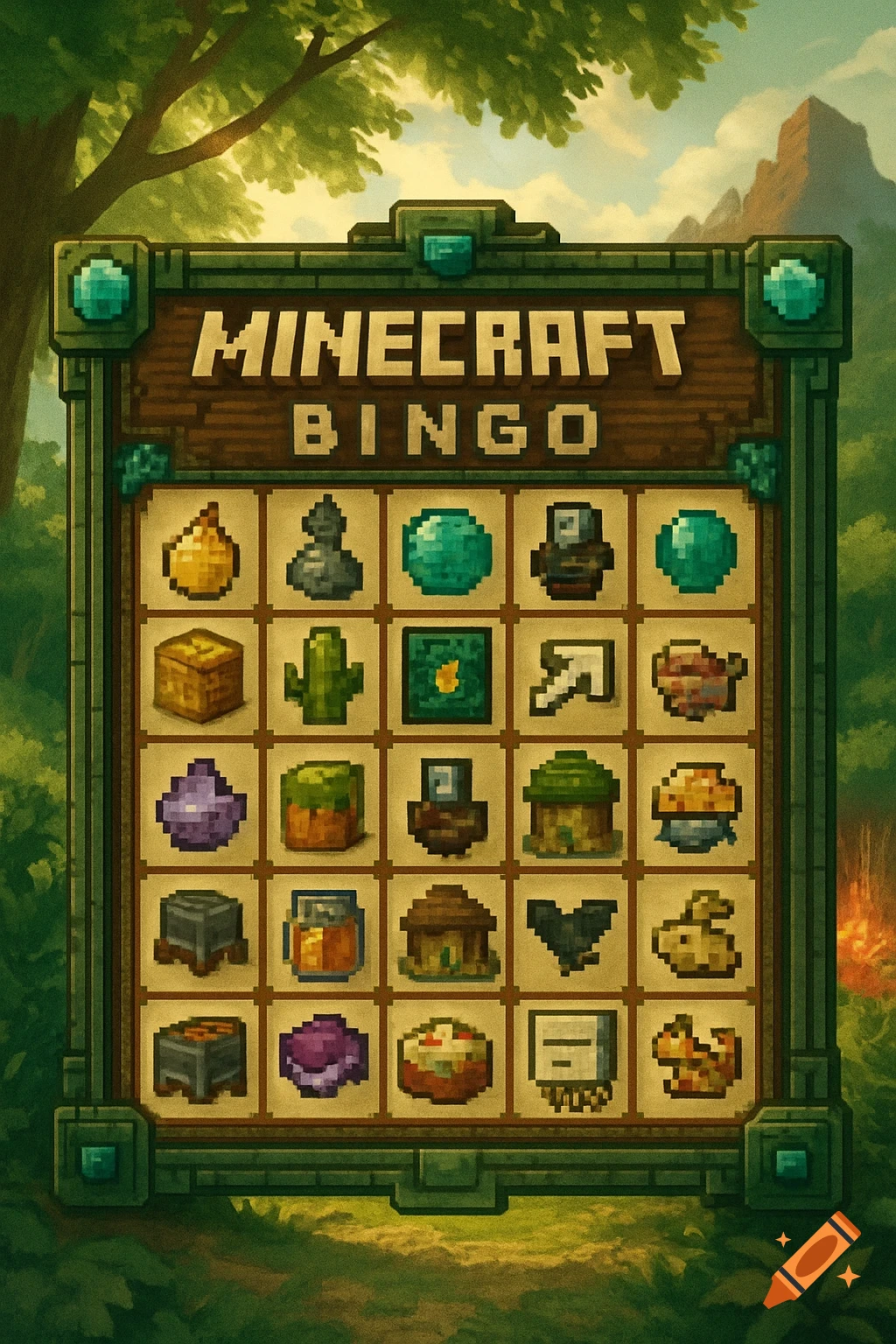 A pixel art Minecraft-themed bingo board with 25 squares showing various items and mobs, set in a painterly forest.