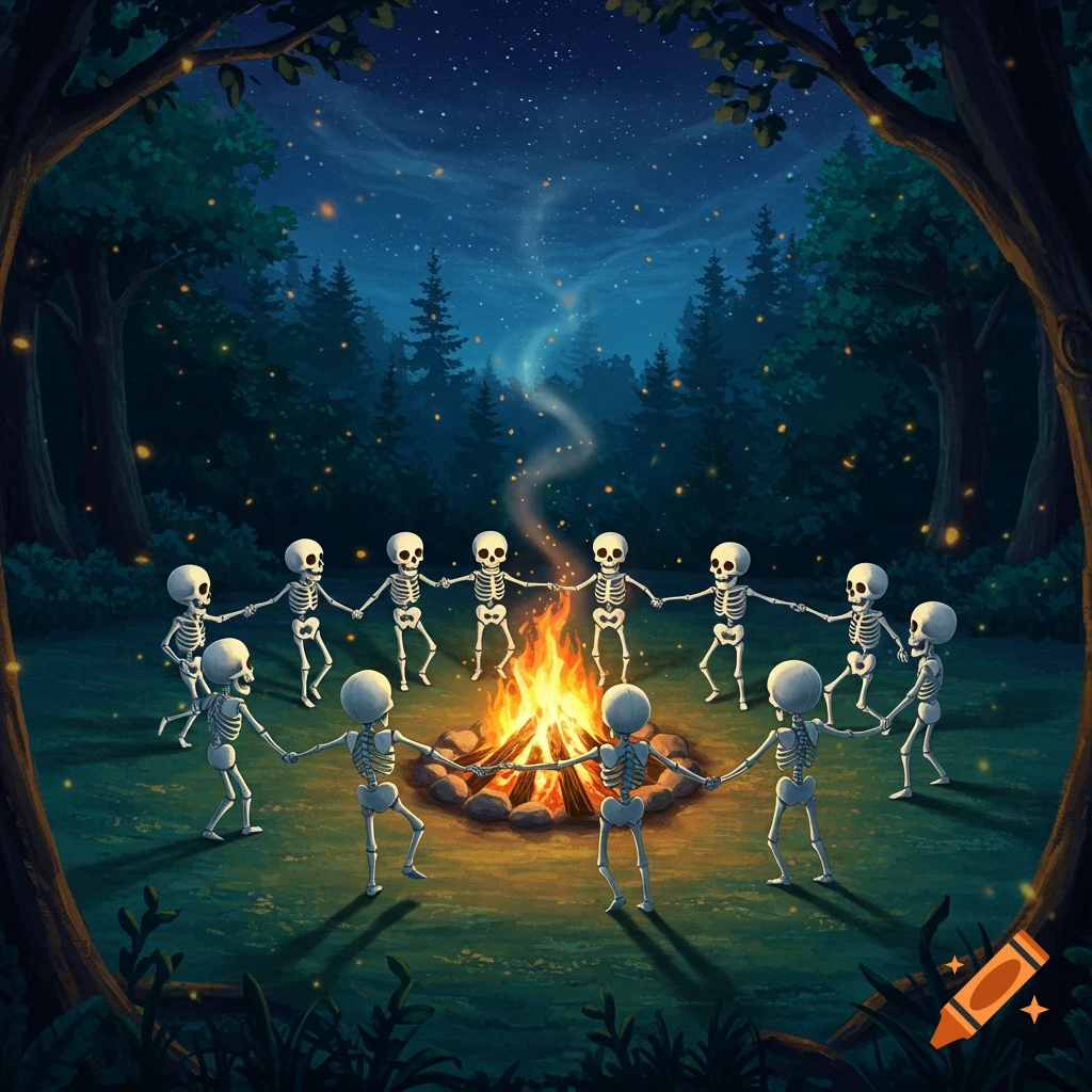 Illustrated skeletons dance hand-in-hand in a circle around a crackling campfire in a dark, starry forest at night.