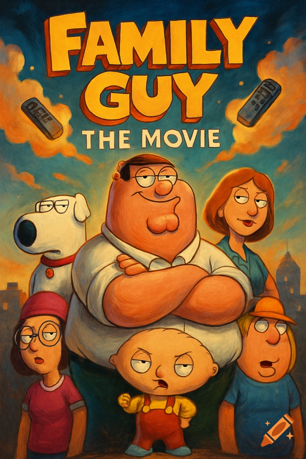 A stylized movie poster for 'Family Guy The Movie' featuring Peter, Lois, Brian, Meg, Stewie, and Chris Griffin with remote controls floating in the sky against a sunset background.