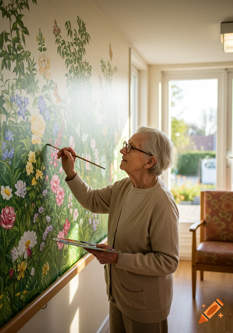 Elderly woman in a beige cardigan painting a vibrant floral garden mural on a cream wall in a sunlit room.