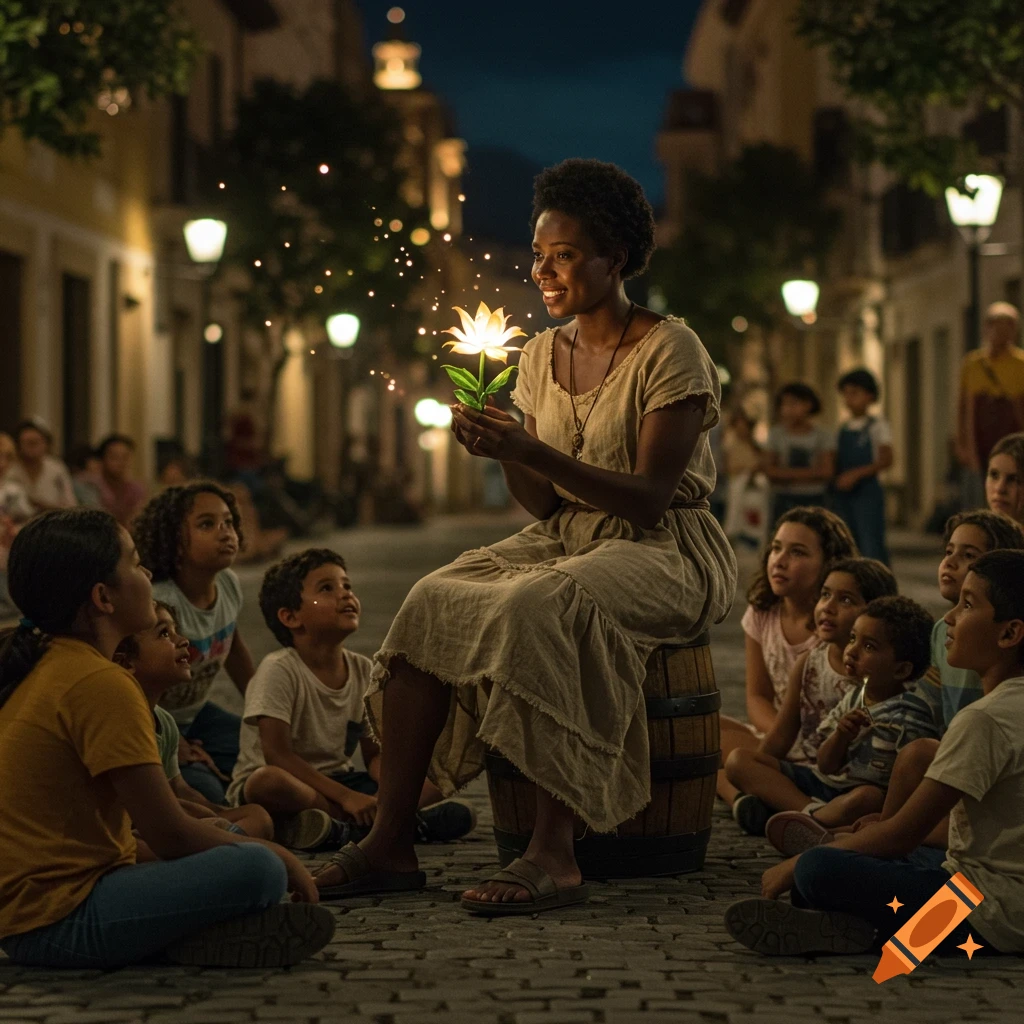 A Black woman holds a magical glowing flower, telling stories to diverse children in a dark city street at night, photorealistic.