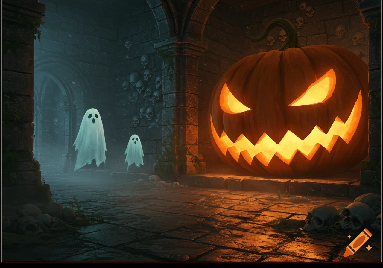 A giant glowing jack-o'-lantern and two white ghosts in a misty, skull-filled stone catacomb.