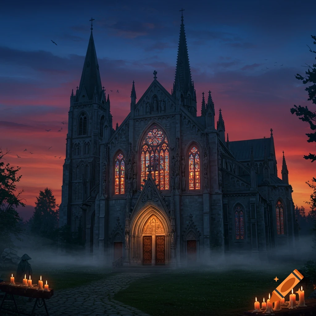A gothic church with illuminated stained glass windows at dusk, a cloaked figure, and candles on misty ground.