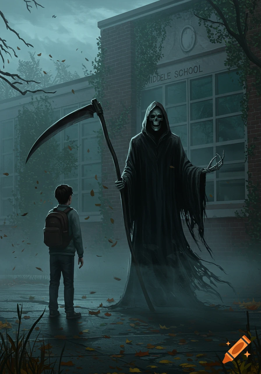 A solemn boy with a backpack stands facing the tall, cloaked Grim Reaper outside a 'Middle School' building on a misty, autumn day.